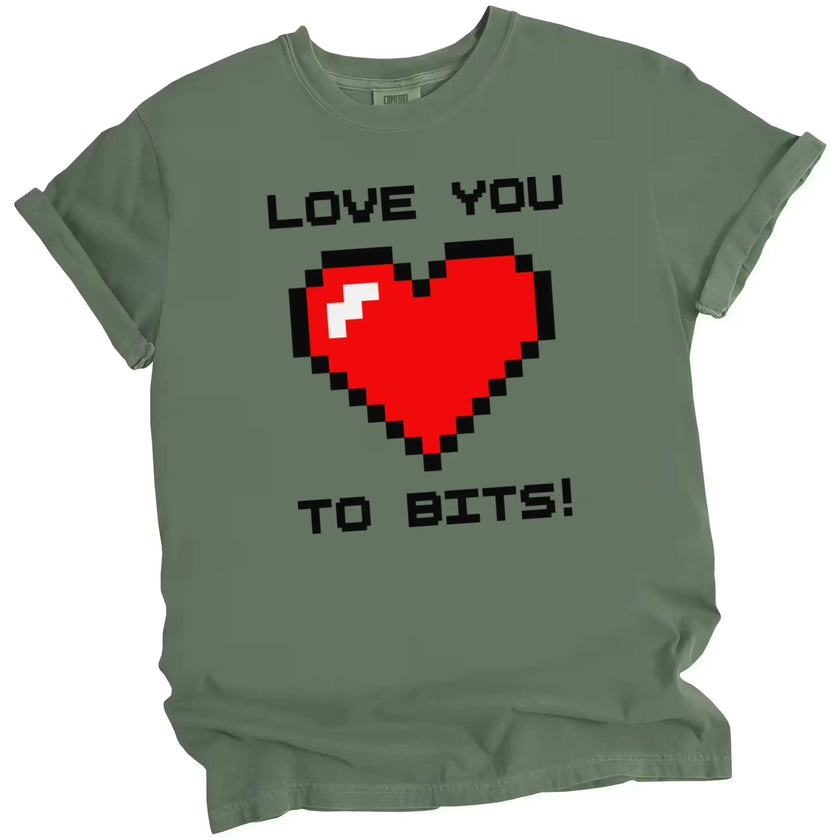 Green Love You to Bits shirt with pixelated heart gamer graphic, flat lay photography on white background