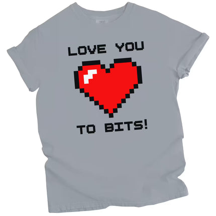 “Gray Love You to Bits tee with retro 8-bit heart videogame design, flat lay styled on white background”