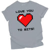 “Gray Love You to Bits tee with retro 8-bit heart videogame design, flat lay styled on white background”
