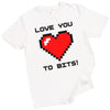 White Love You to Bits t-shirt featuring bold 8-bit red heart, flat lay on clean white background