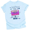 Blue Valentine’s pun tee with hot pink cassette tape and “We’re the Perfect Mix” text design and pen doodles