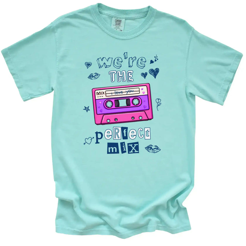 Mint women’s Valentine’s tee featuring cassette tape graphic and “We’re the Perfect Mix” fun design with doodles