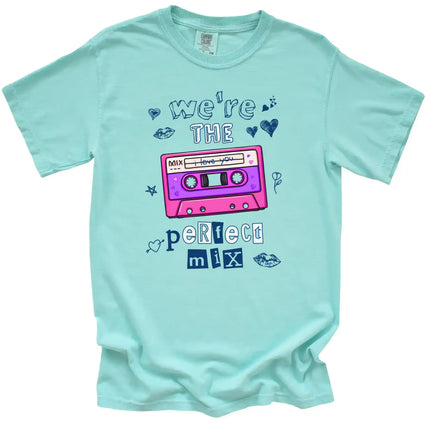 Mint women’s Valentine’s tee featuring cassette tape graphic and “We’re the Perfect Mix” fun design with doodles
