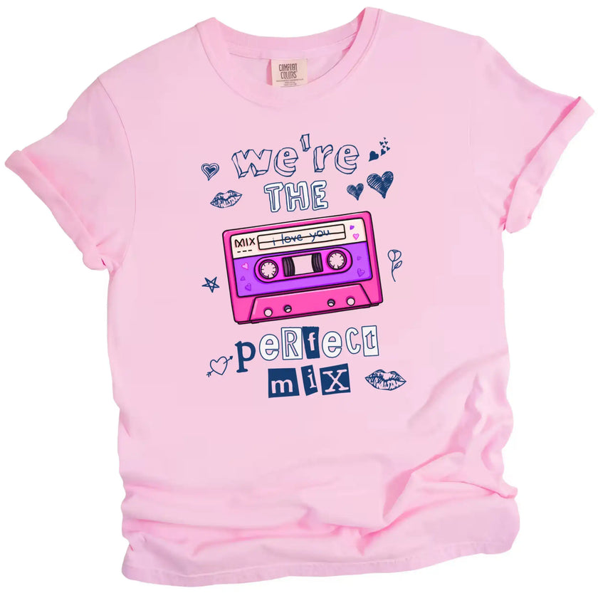 Pink “We’re the Perfect Mix” Valentine’s tee with doodle-style cassette tape, cute pun shirt