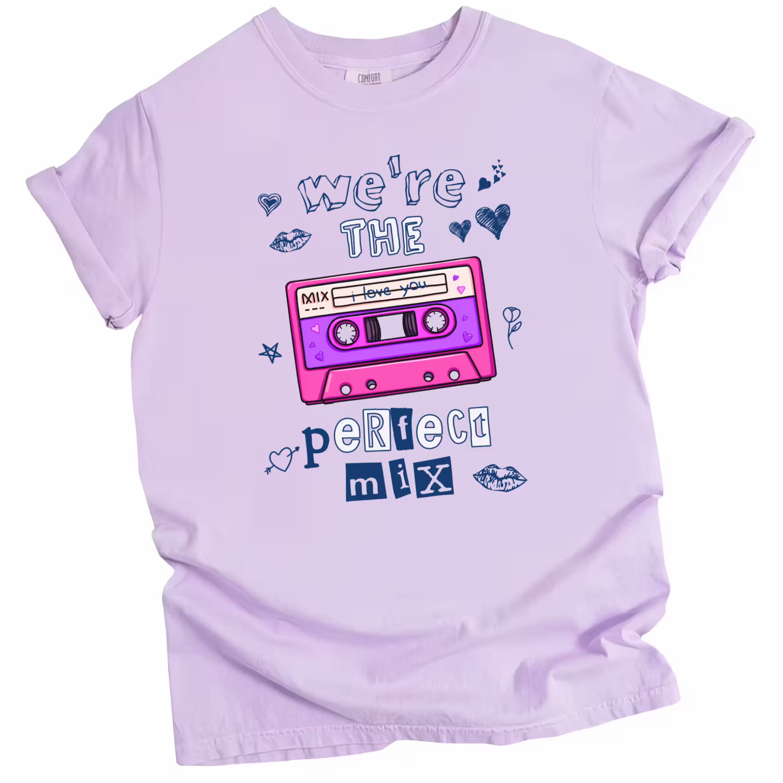 Purple Valentine’s tee “We’re the Perfect Mix” with hot pink cassette tape doodle, playful gift shirt