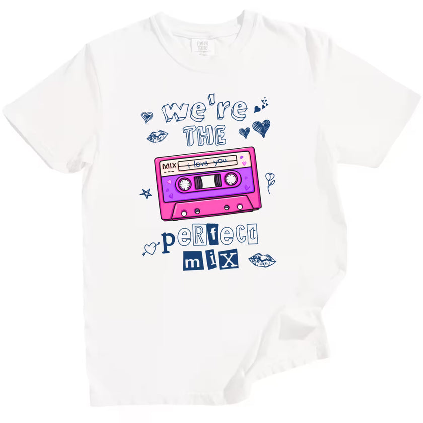 White playful Valentine’s tee with “We’re the Perfect Mix” lettering and cassette tape illustration