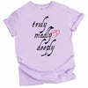 Light purple Truly Madly Deeply t-shirt flat lay featuring bold lettering and red heart design, perfect for Valentine’s or gift giving.