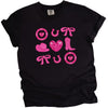 Black cowgirl coquette Valentine’s tee with hearts, boots, bows, and pink accents flat on white.