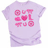 Light purple cowgirl coquette Valentine’s shirt with playful hearts, boots, and hats on white background