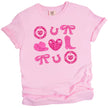 Pink cowgirl coquette Valentine’s tee with boots, hearts, and hats on a white background