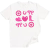 White cowgirl coquette Valentine’s shirt featuring hearts, boots, and horseshoes, flat lay on white background