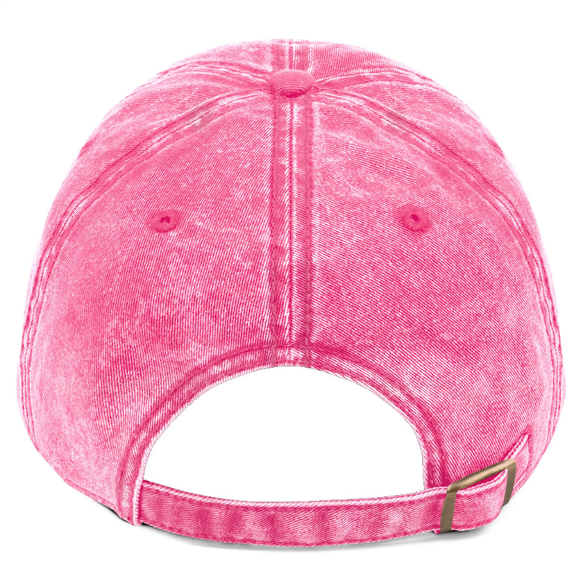 “Pink cotton twill cap back view showing adjustable snap closure and clean embroidered Buffalo silhouette design on front.