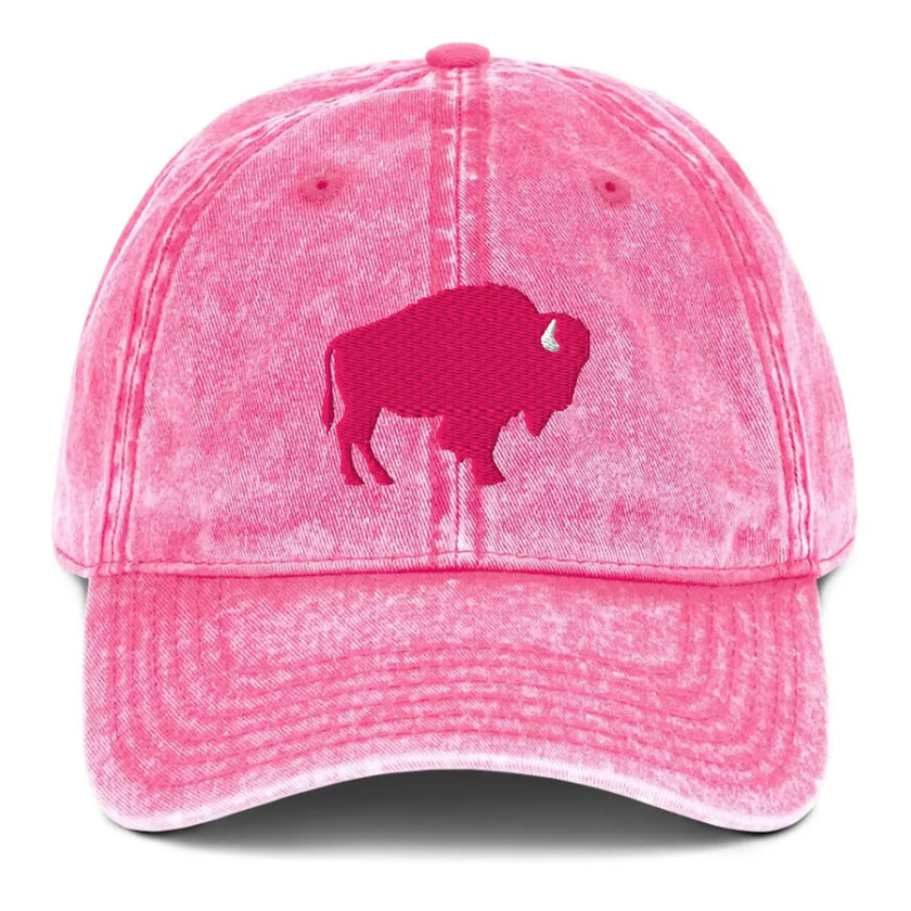 Pink cotton twill cap featuring hot pink embroidered Buffalo silhouette, cute Buffalo city pride and football inspired hat design.