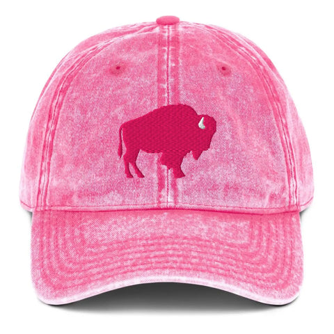 Pink cotton twill cap featuring hot pink embroidered Buffalo silhouette, cute Buffalo city pride and football inspired hat design.