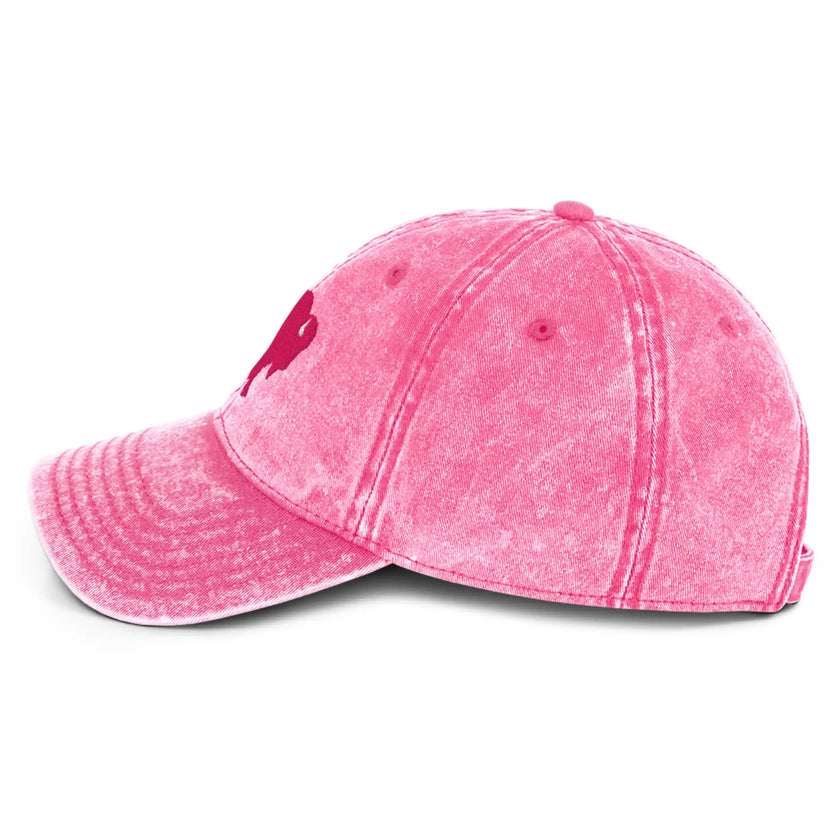 Pink cotton twill cap left side view featuring hot pink Buffalo silhouette embroidery and curved brim.