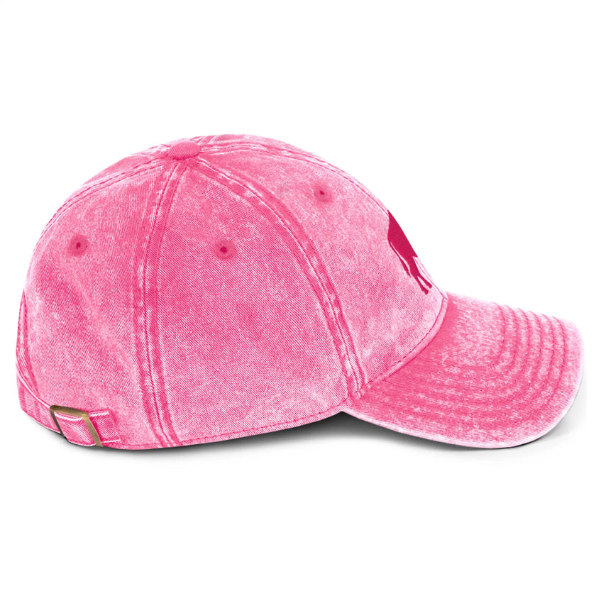 Pink cotton twill cap right side view showing embroidered Buffalo silhouette city pride design.