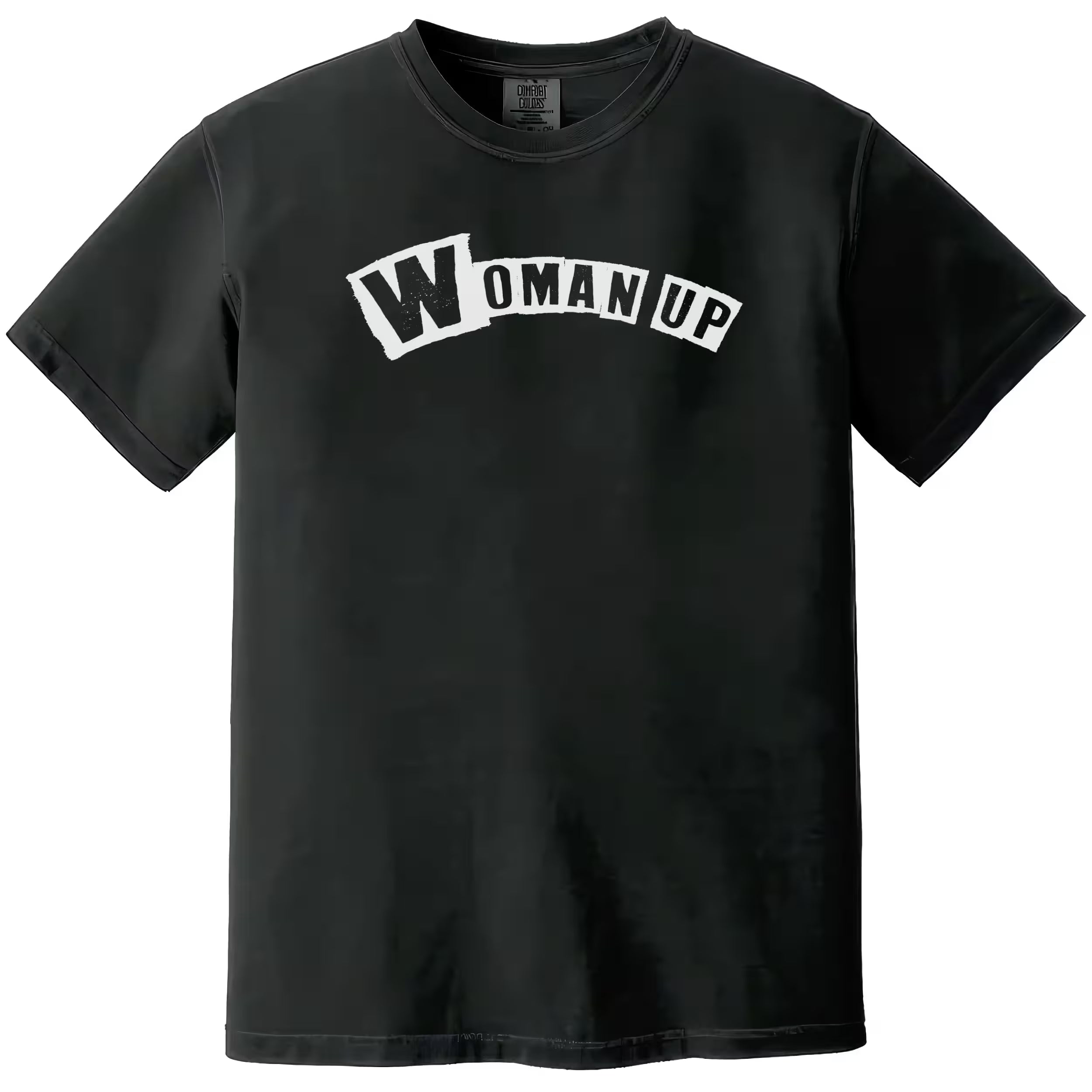Black “Woman Up” t-shirt flat lay with bold lettering and confident feminist statement for women