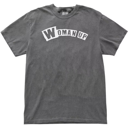 Gray “Woman Up” t-shirt flat lay featuring simple clean font and positive empowering message for everyday wear