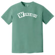 Green “Woman Up” t-shirt flat lay with clean bold font and playful yet empowering feminist message