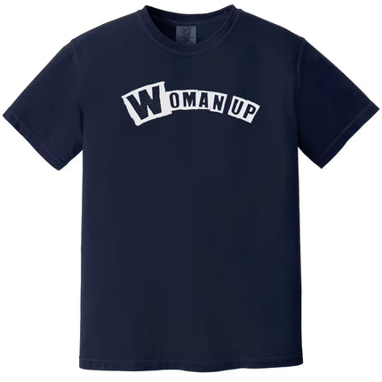 Navy “Woman Up” t-shirt flat lay highlighting bold graphic lettering and uplifting feminist vibe
