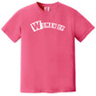 Pink “Woman Up” t-shirt flat lay with playful feminine color and strong girls-supporting-girls message