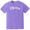 Purple “Woman Up” t-shirt flat lay showcasing empowering feminist statement with bold lettering for women