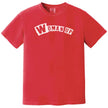 Red “Woman Up” t-shirt flat lay featuring bold lettering and empowering feminist message for women in everyday wear