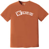 Orange “Woman Up” t-shirt flat lay showcasing bright, uplifting design with positive feminist statement