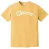 Yellow “Woman Up” t-shirt flat lay highlighting cheerful lettering and girls supporting girls energy