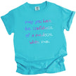 Blue “May You Have the Confidence of a Mediocre White Man” t-shirt flat lay with sarcastic feminist phrase and minimalist design