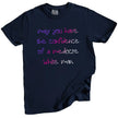 Navy “May You Have the Confidence of a Mediocre White Man” t-shirt flat lay showcasing funny feminist message with clean lettering