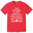 Red Buffalo football shirt showcasing the humorous ‘You Either Love Buffalo Football Or You’re Wrong’ slogan in bold open pixel font with a small buffalo silhouette design.