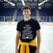 Man wearing a black Buffalo hockey t-shirt with the humorous ‘You Either Love Buffalo Hockey Or You’re Wrong’ design in pixel-style lettering and a creative buffalo silhouette detail.